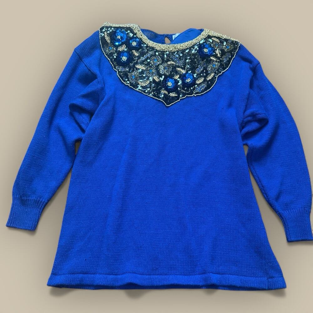 Vtg Beaded Embellished Sleeve Pullover Sweater Royal Blue Large Shoulder Pad 80s